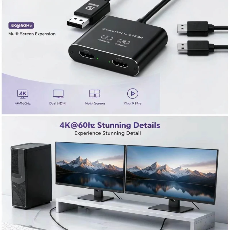 4K@120Hz Displayport Splitter 1 In 2 Out Dual Monitors HDMI 4K@60Hz Extended Display Supports Windows Vista Linux Mac JCYMELE