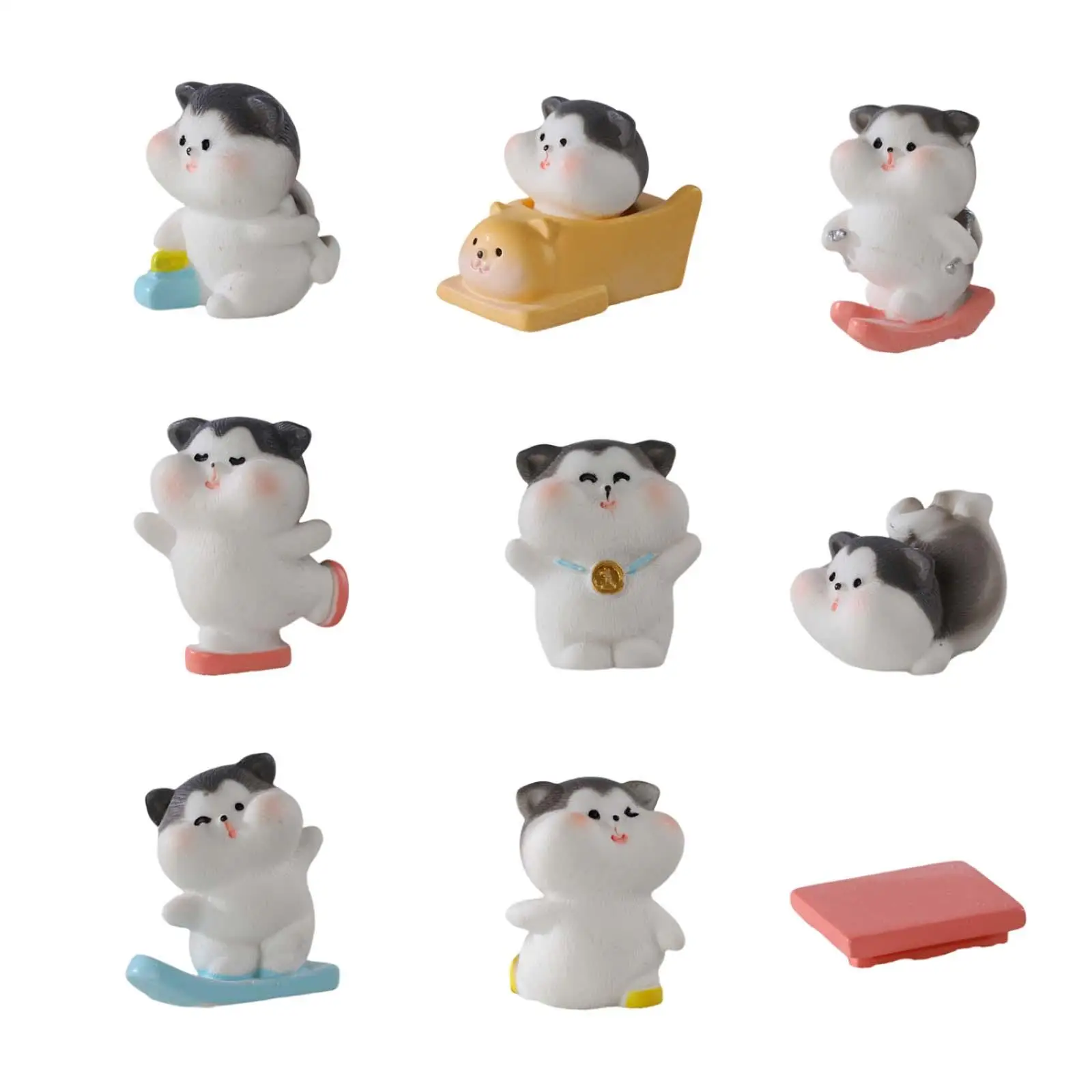 9 Pieces Sporting Skiing Cat Miniature Landscape Kitten Statue Fairy Garden Accessories for Birthdays