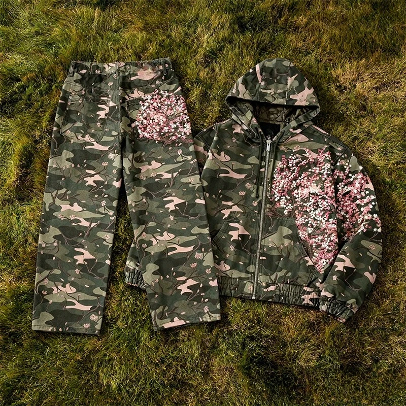 

NEW Y2K Two Piece Vintage Cherry Blossom Selvedge Embroidery Camouflage Set oversized Hoodie men women wide leg pants streetwear
