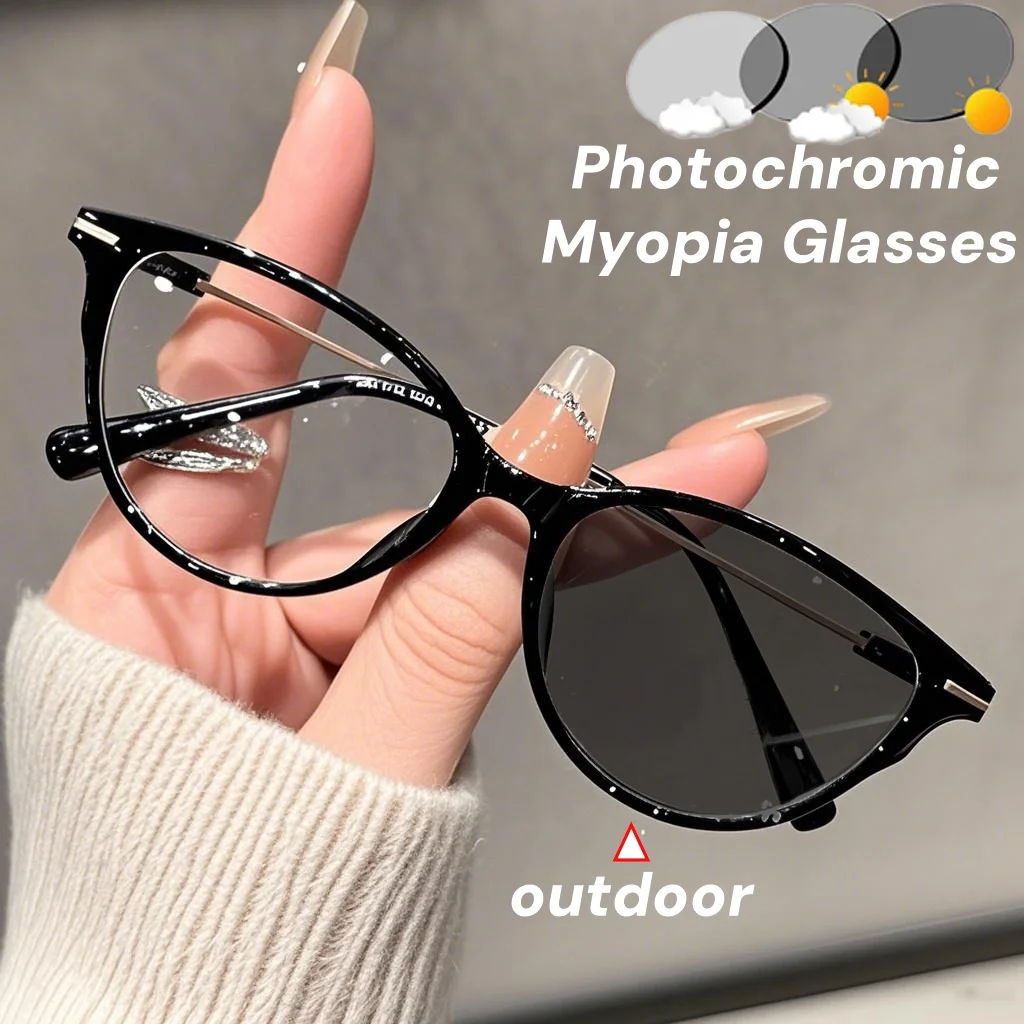 

Retro Cat Eye Photochromic Myopia Glasses Men Women New Fashion Near Sight Eyewear Color Changing Minus Diopter Eyelasses