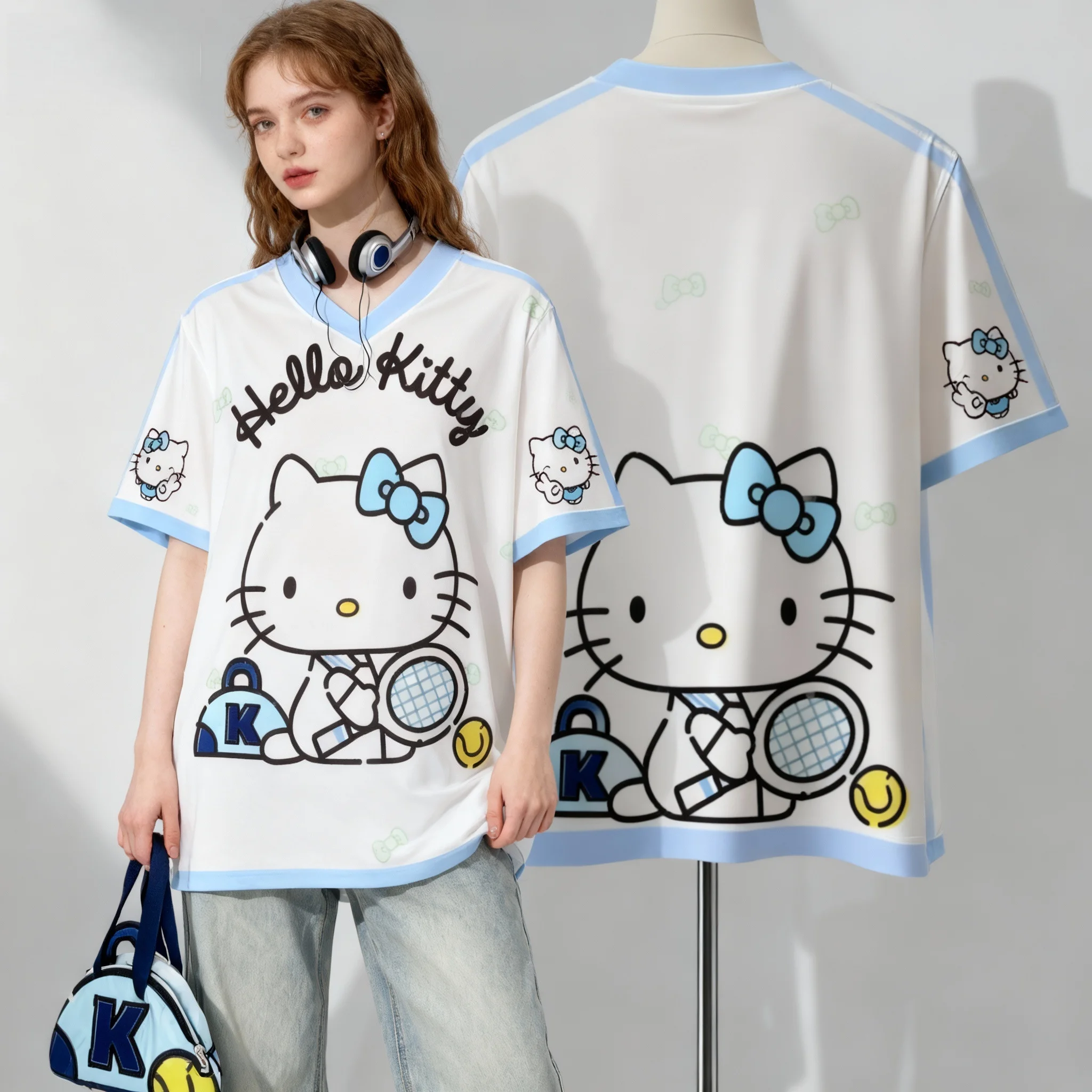 سانريو فاميلي هالو كيتي قميص كاجوال حلو ورائع للشارع الأمريكي تي شيرت صيفي كبير الحجم للسيدات البالغات طراز جديد #1