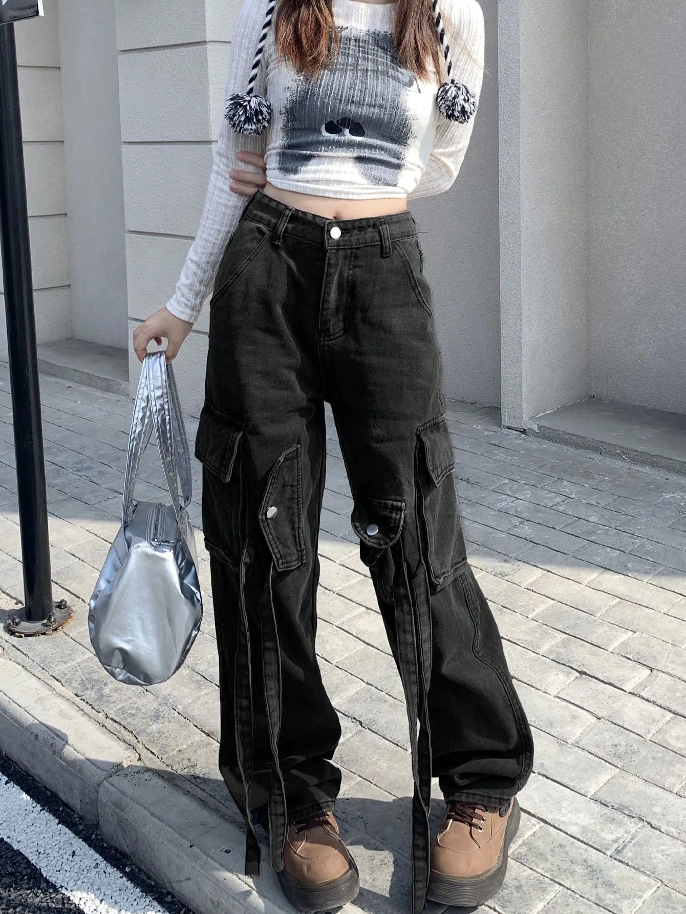 Korean Chci American High Street Pants Heavy Industry Multi-Flap Pocket Pants Straps Women's Loose Straight Workwear Wide Leg Pants