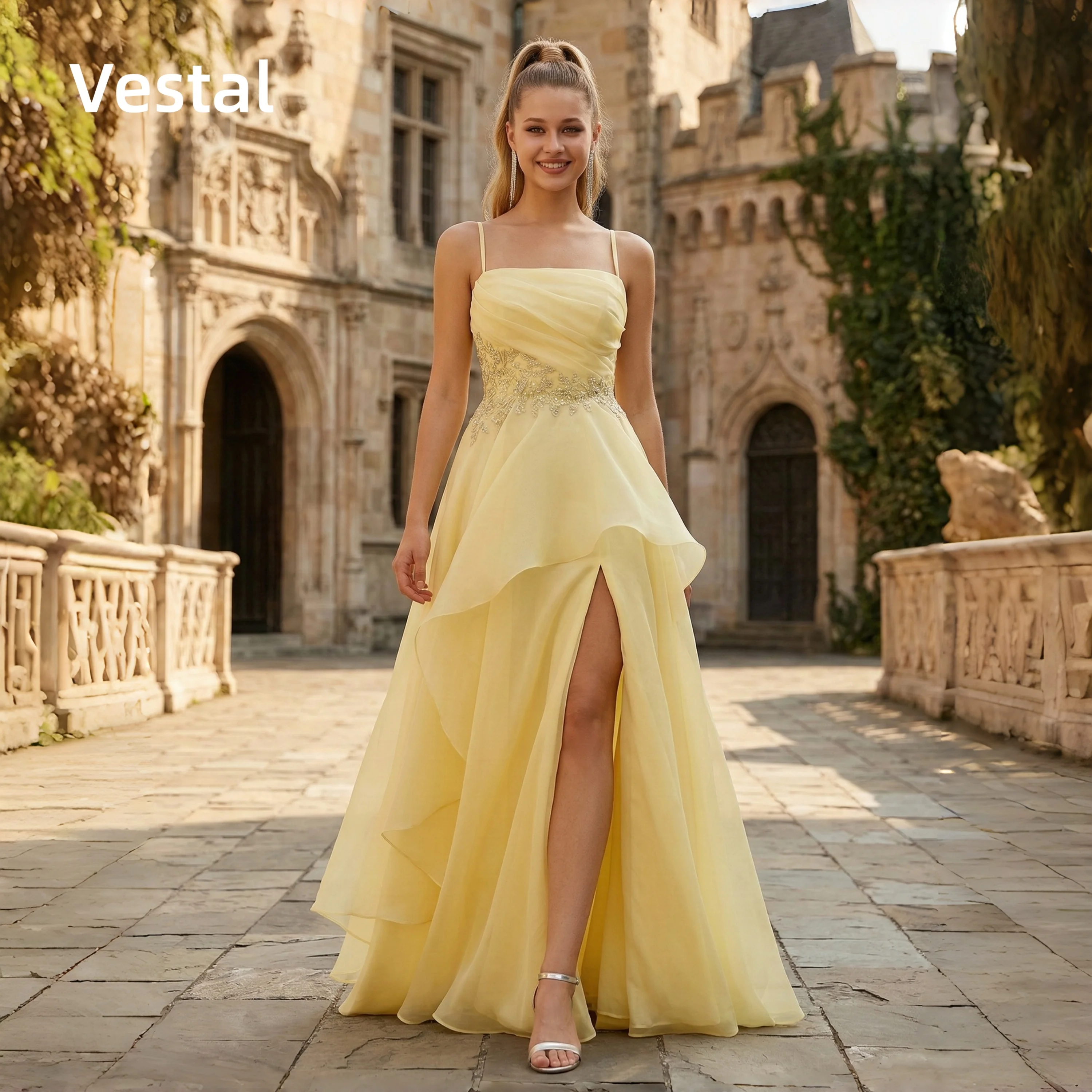 

Square Neck Beaded Prom Dress Yellow Organza High Slit Evening Gown Customized