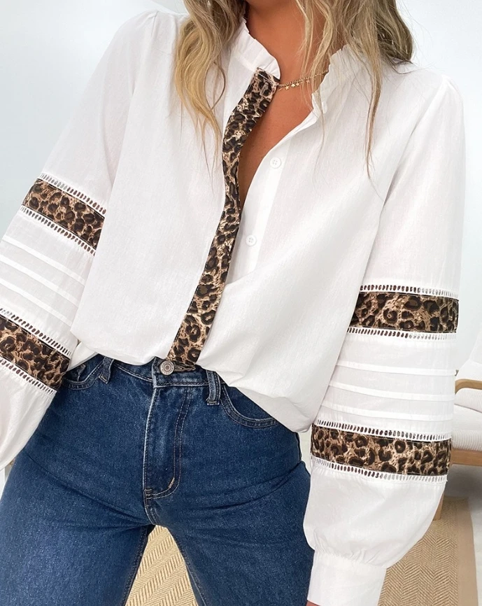 

Women's Shirt Tops Trendy Contrast Leopard Frill Hem Stand Collar Hollow-out Design Long Sleeve Front Button Blouse Casual Shirt