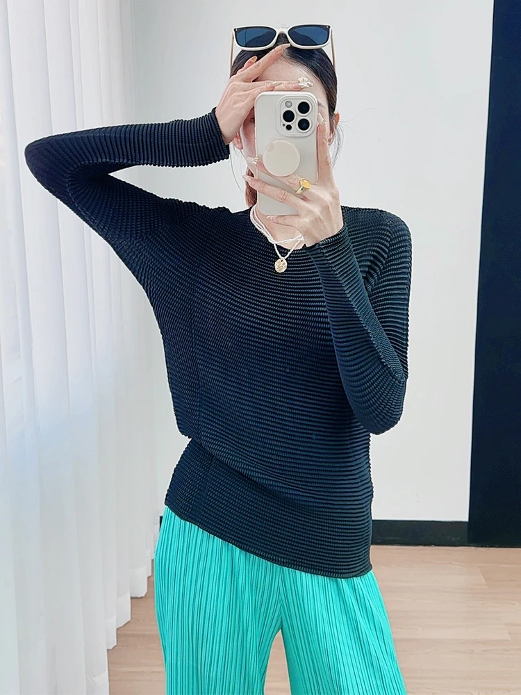 

Женская модная базовая футболка Slim Fit с плиссировкой, круглым вырезом и длинными рукавами, в деловом стиле, из полиэфирного волокна