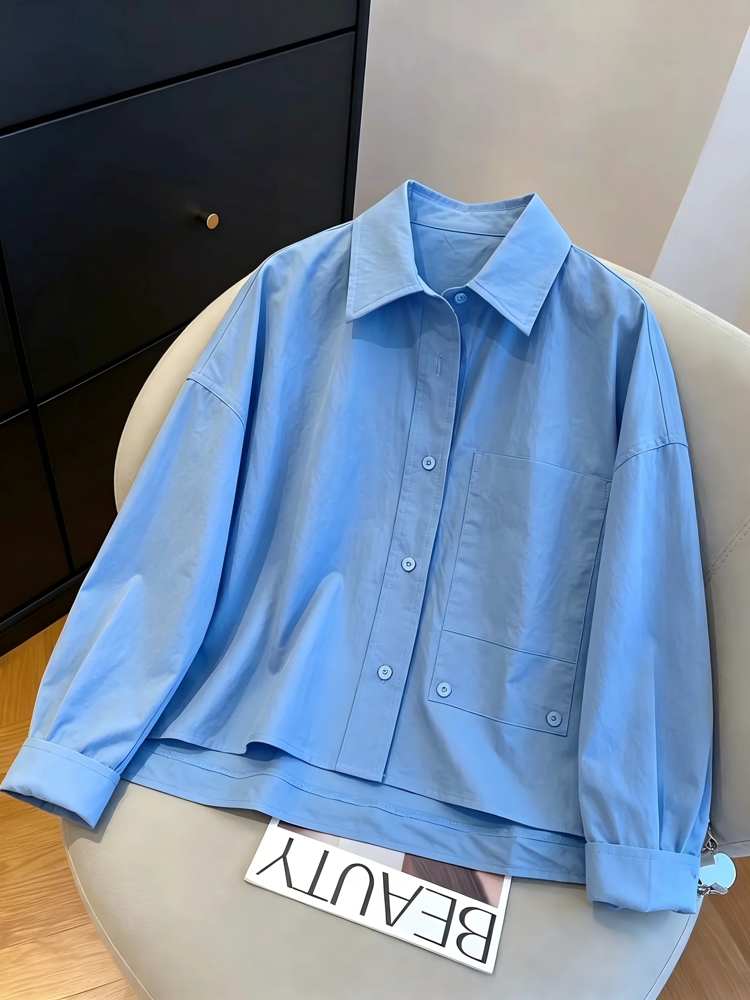 

Elegant Blue Short Loose Shoulder Shirt Women's Spring Autumn Outerwear Simple Commute Base Layer Three-acetate Fiber