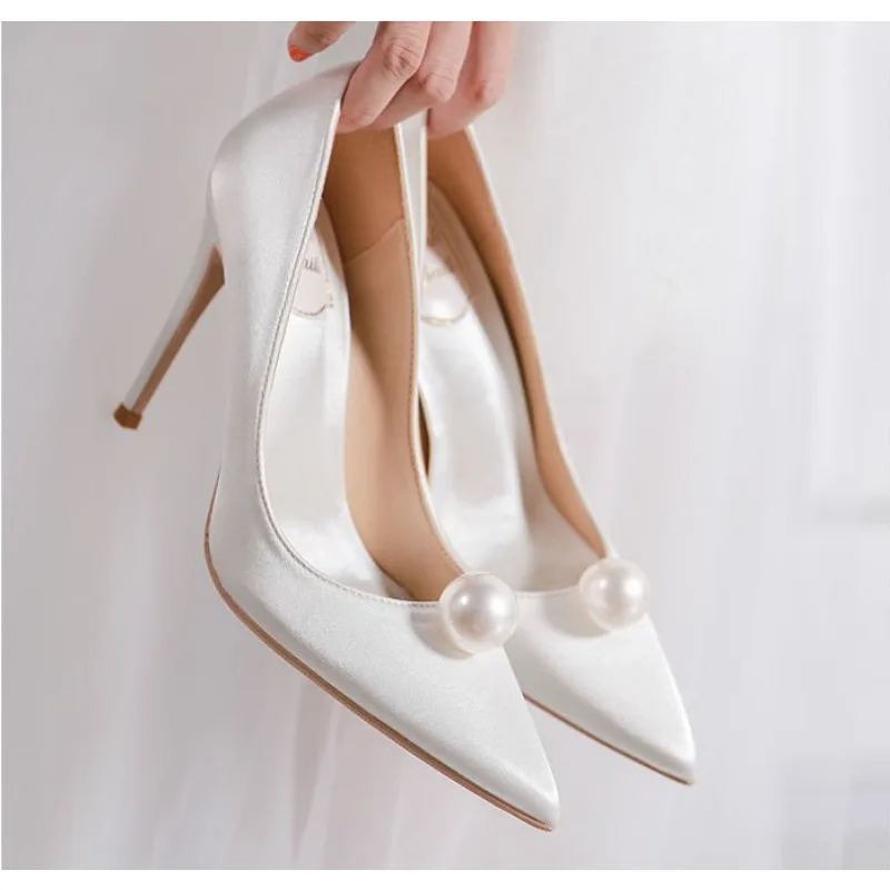 

New Luxury Women White High Heel Pointy Pumps Temperament Single Shoes Designer Bridesmaids Wedding Shoes Dress Shoes