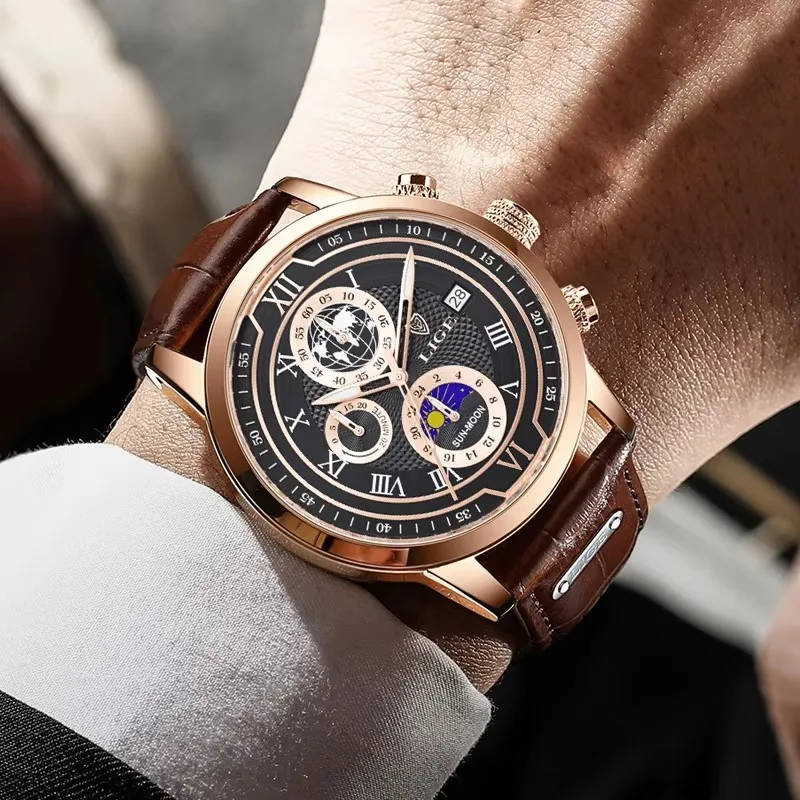 LIGE Jam Tangan Pria Jam Tangan Bisnis Modis Jam Tangan Kuarsa Chronograph Tahan Air Kulit Olahraga Kasual Pria untuk Pria Jam Tanggal Bulan