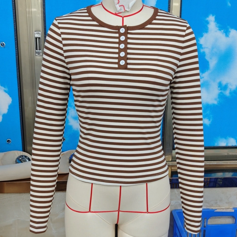 Damen-Hemden, lässig, langärmelig, braun-weiß gestreift, T-Shirts mit Knopfleiste vorne, leichte Herbst-Tops, klassische Passform, Henley-Hemden