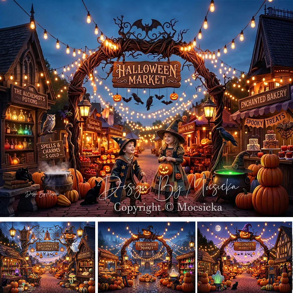 Mocsicka Magical Halloween Market Backdrop Photography Pumpkin Witch Cottage Crow Background Kid Holiday Birthday Photo Shoot