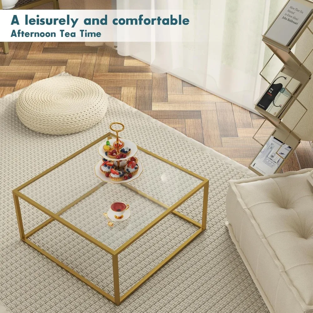 Glas moderne Couch tische für kleinen Raum einfache quadratische Mittel tisch für Wohnzimmer Home Office einfache Montage, Gold