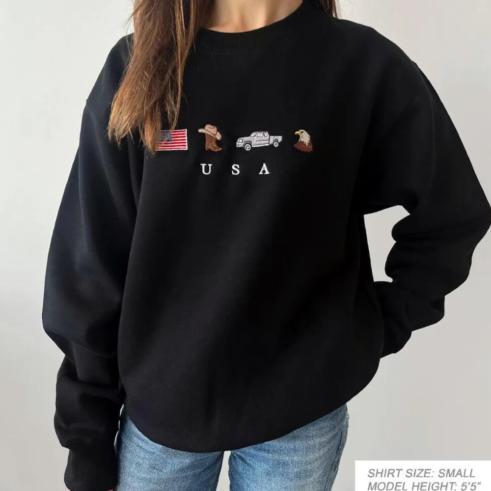 American Elements Embroidered Retro Style Unisex Sweatshirts 2024 Autumn New Thick Fleece Long Sleeve Pullover Crewneck