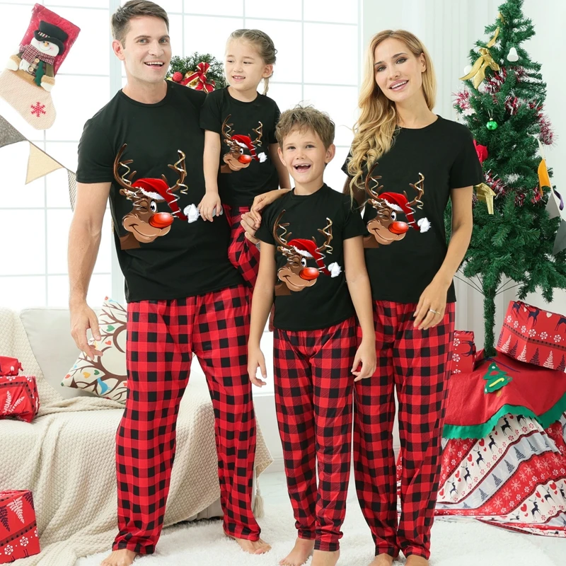 Christmas Family Pajamas Set Santa Tree Cartoon Print Pattern Short Sleeve Top Long Pants 2 Pieces Adults Kids Party Christmas