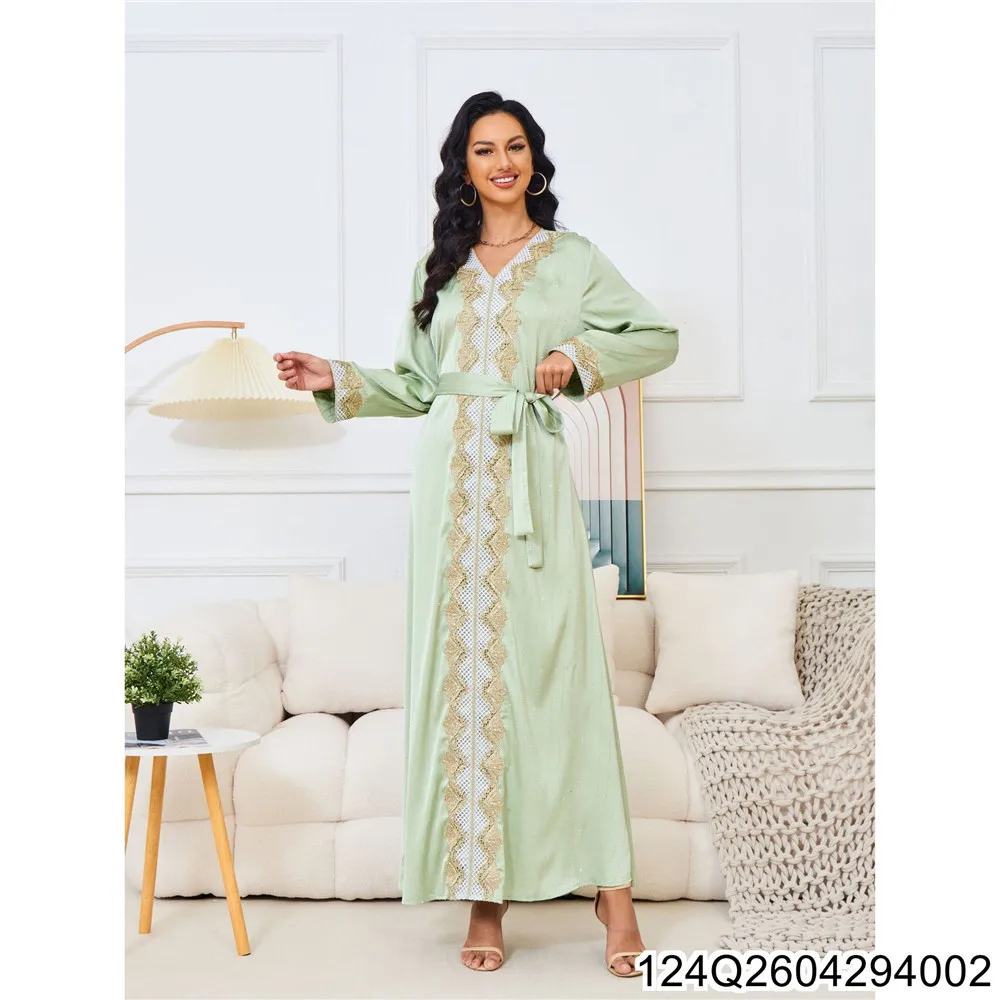 2026 New Long Robe Style, New Women's Dress with Hot Diamonds, Long-sleeved V-neck and Big Swing, Party Dress 124Q26042940