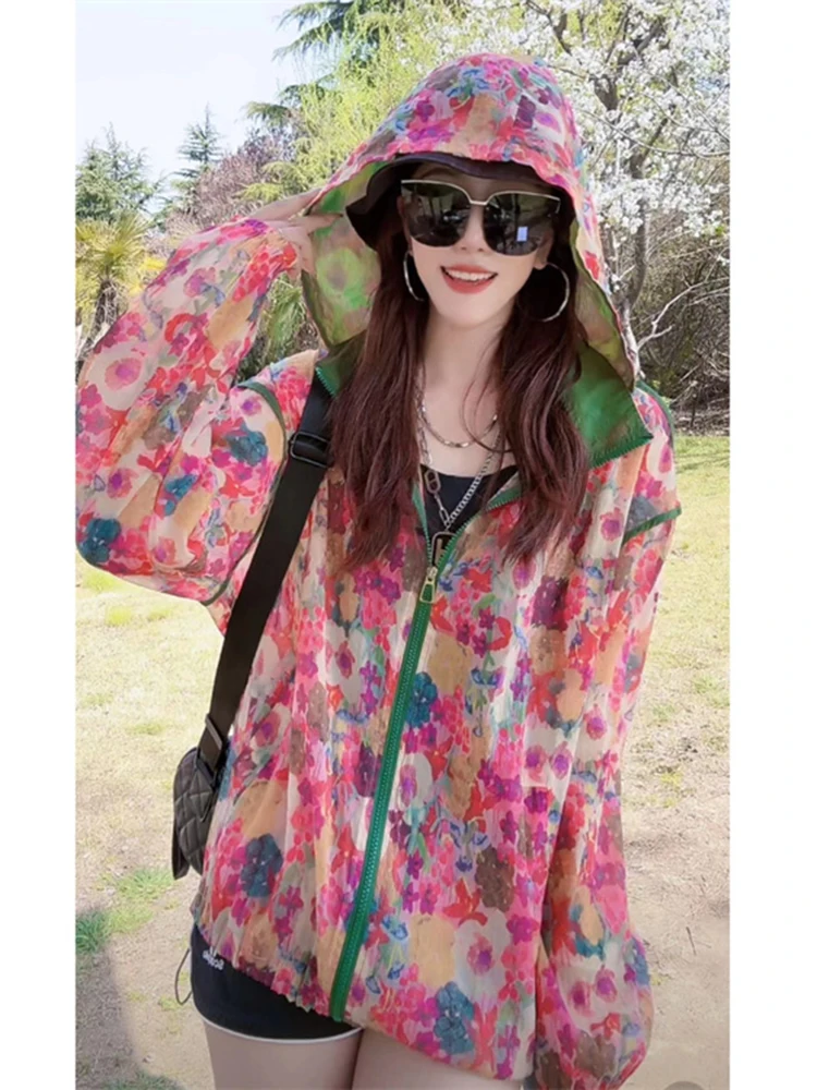 

Korean Style Versatile Summer New Casual Fashion Floral Print Hooded Lightweight Loose Trendy Sun Protection Clothing