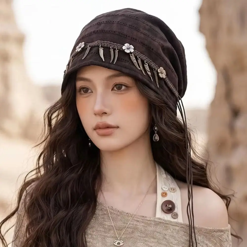 Hair Cover Retro Ethnic Stye Beanie Tassel Boho Slouchy Skull Cap Versatile Soft Windproof Head Wrap Bad Hair Days