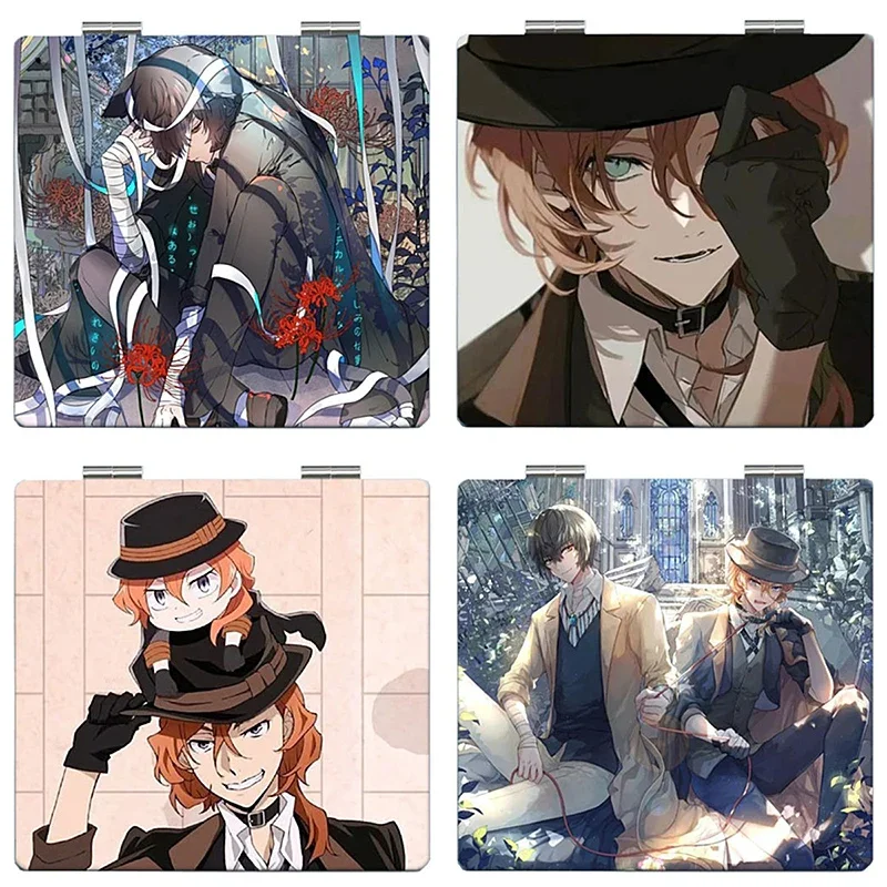 7 × 6 cm Bungo Bungou Stray Dogs, espelho de maquiagem dobrável dupla face, anime fofo, viagem portátil, mini, meninas, ampliação, quadrado