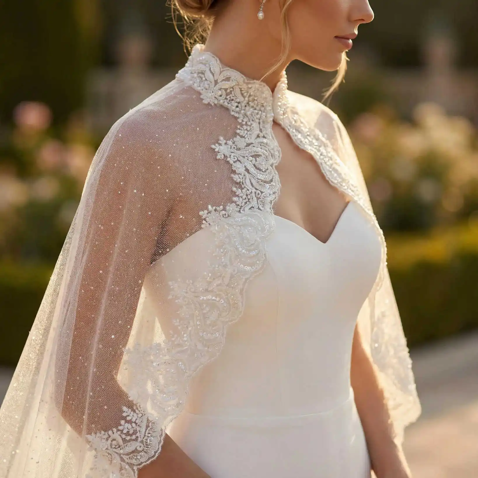 Graceful Lace Appliques Wedding Wraps Cape High Neck Sleeveless Long Bride Shawls Sequins  Customized Wedding Accessories