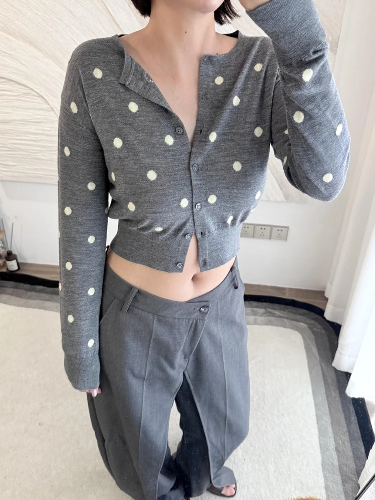 

Вязаный кардиган из 100% шерсти в горошек, облегающий универсальный женский вязаный свитер с длинными рукавами, осень 202, новое поступление