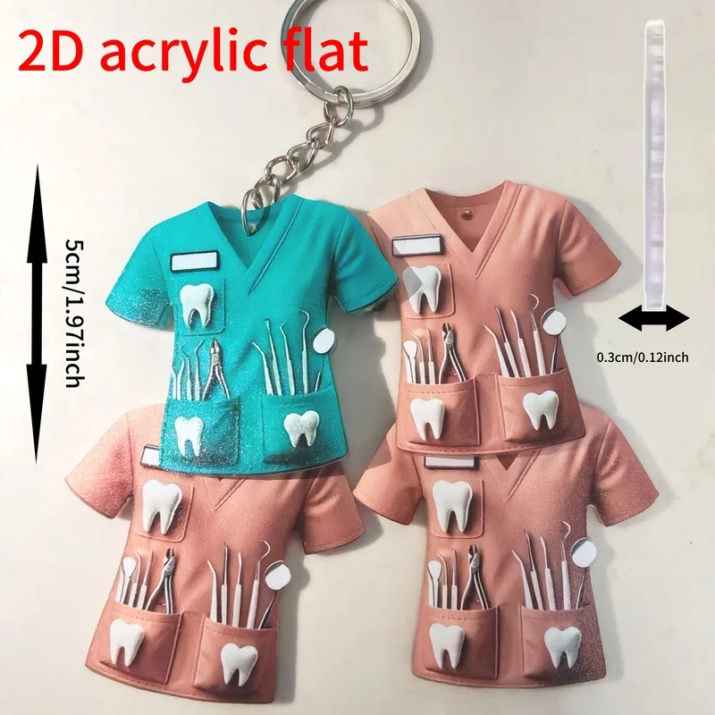2D Dental Nurse Acrylic Keychain – Pink Blue Shirt Tools Design, Gift for Dental Professionals