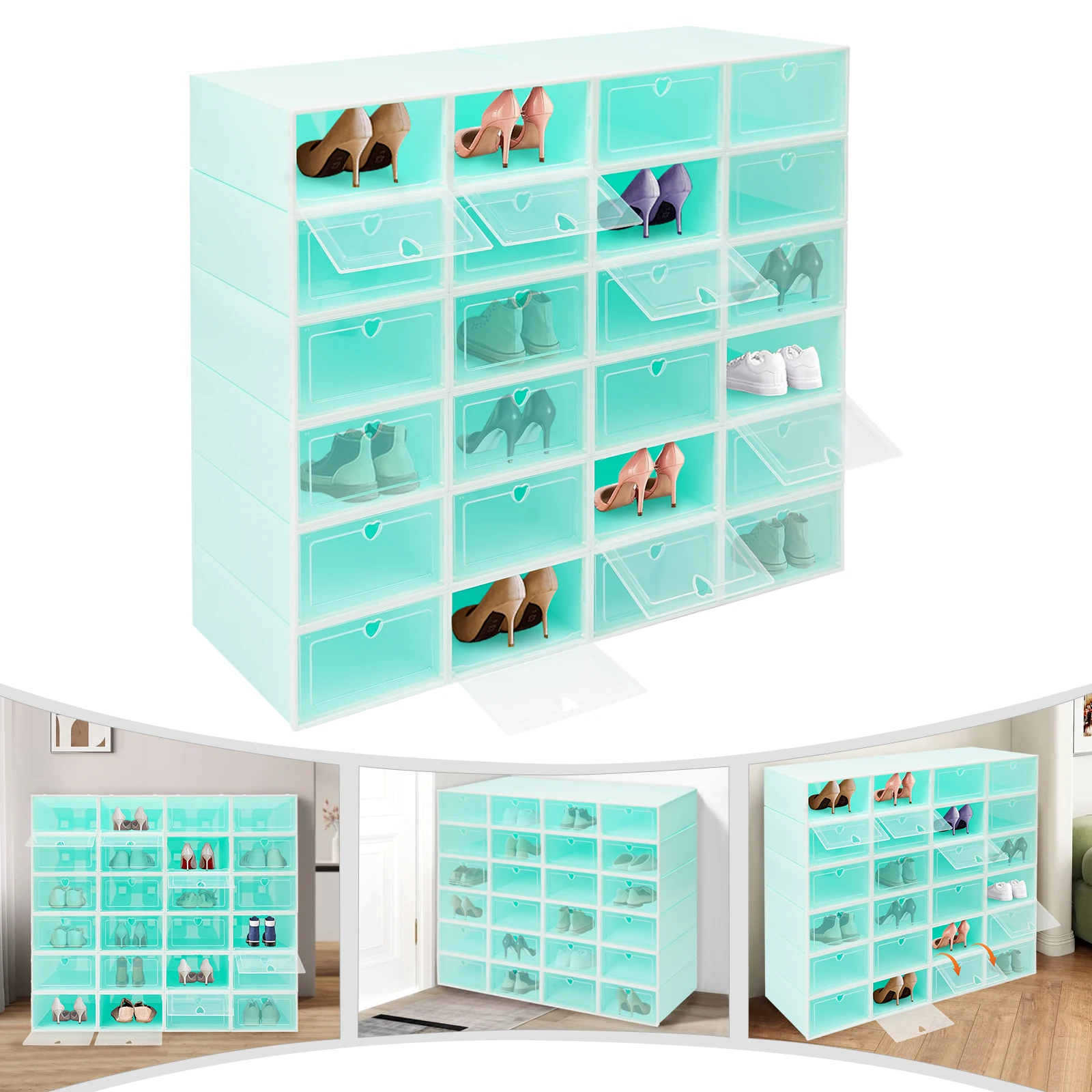 

24Pcs Shoe Storage Box: Green Stackable Organizer, Clear Door, Dustproof, 13x9.05x5.5in, High-Grade PP, Foldable, Value-Pack