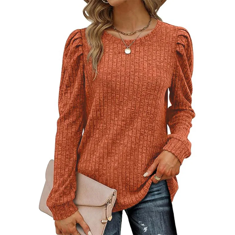 

2025 Spring Summer Women's Fashion Round Neck Puff Sleeve Waist-Cinching Loose Pullover Knit Top
