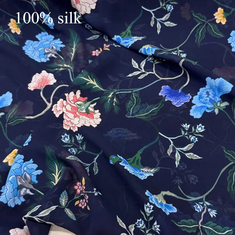 

1 Meter The Cheongsam and Silk Scarf Are Made of 100% Mulberry Silk Fabric and Printed with Peony in Navy Blue