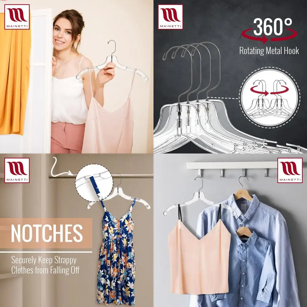 

Clear Plastic Hangers, 100 Pack, 360 Swivel Metal Hook, Notches for Straps, Ideal for Shirts, Tops, Dresses, Jackets, 17-Inch Lo