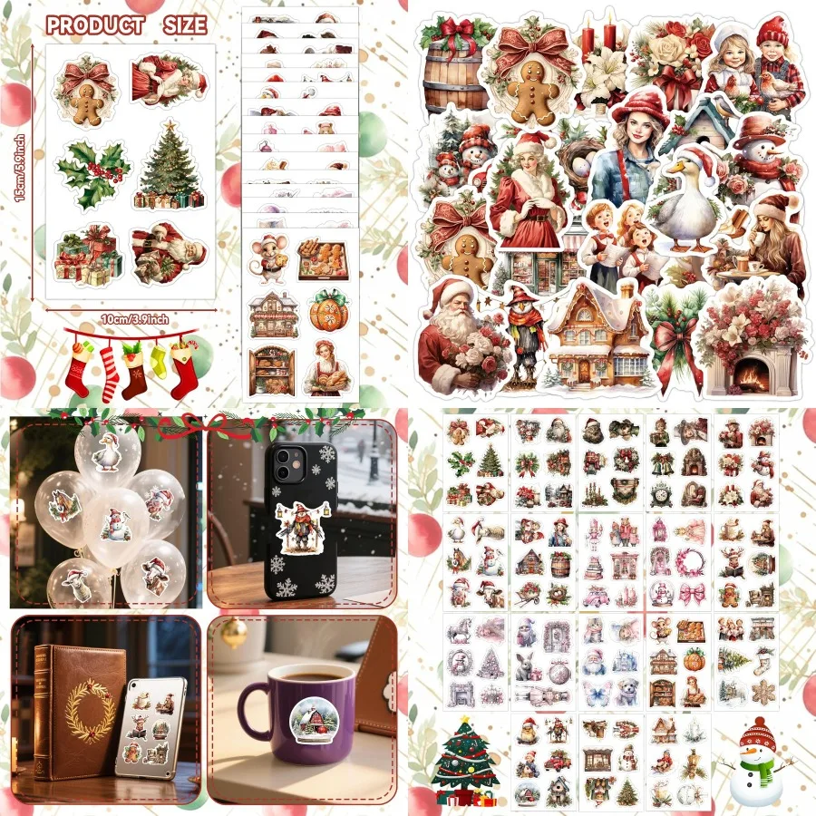 

Vintage Christmas Stickers Pack 108pcs Holiday Watercolor Decals for Scrapbooking Journaling Wrapping Cards Labels Seasonal DIY