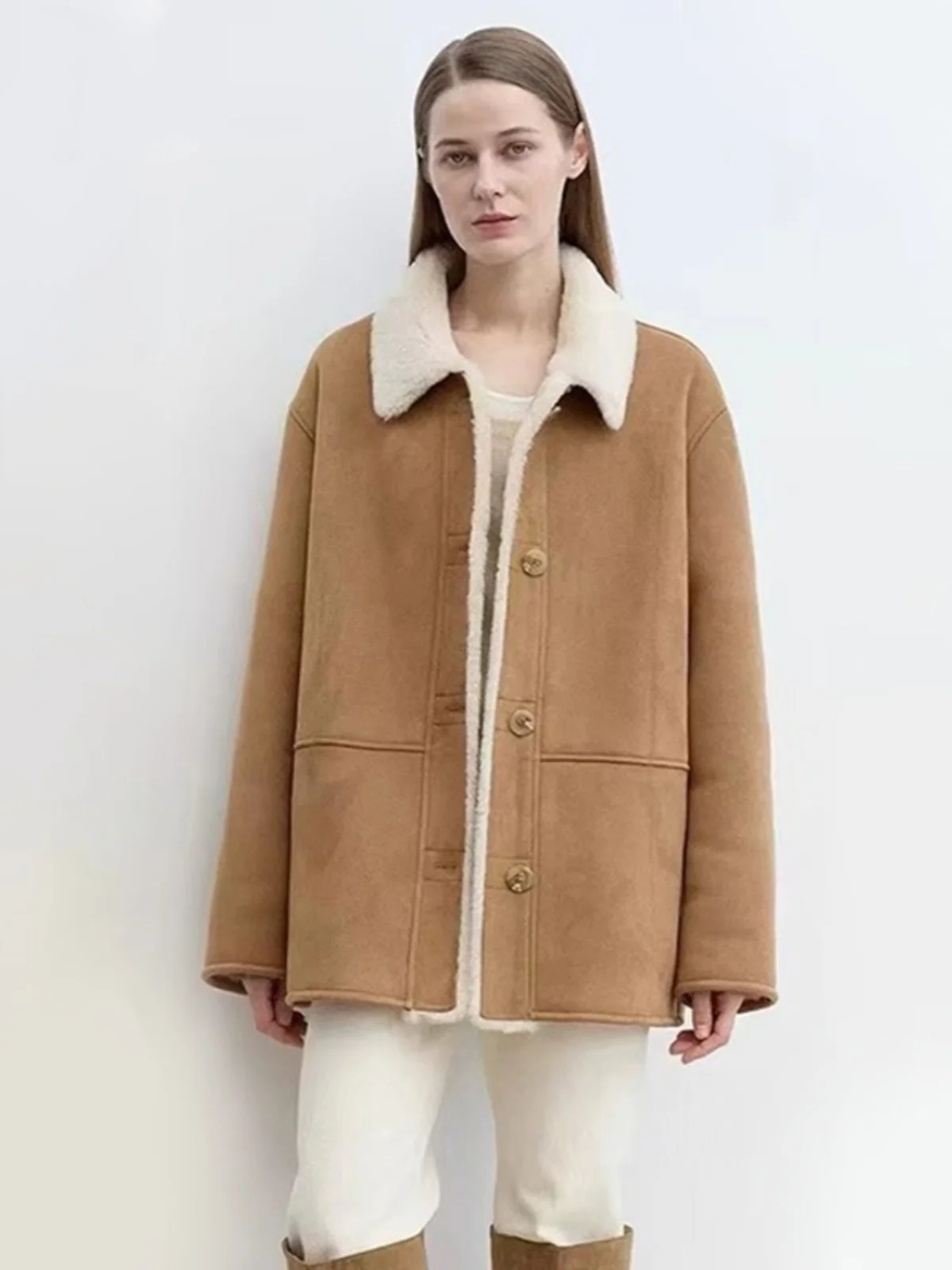 معطف نسائي ذو ياقة من فرو الضأن على الوجهين، معطف شتوي طويل من مزيج الصوف والبوليستر من الجلد والفراء J...