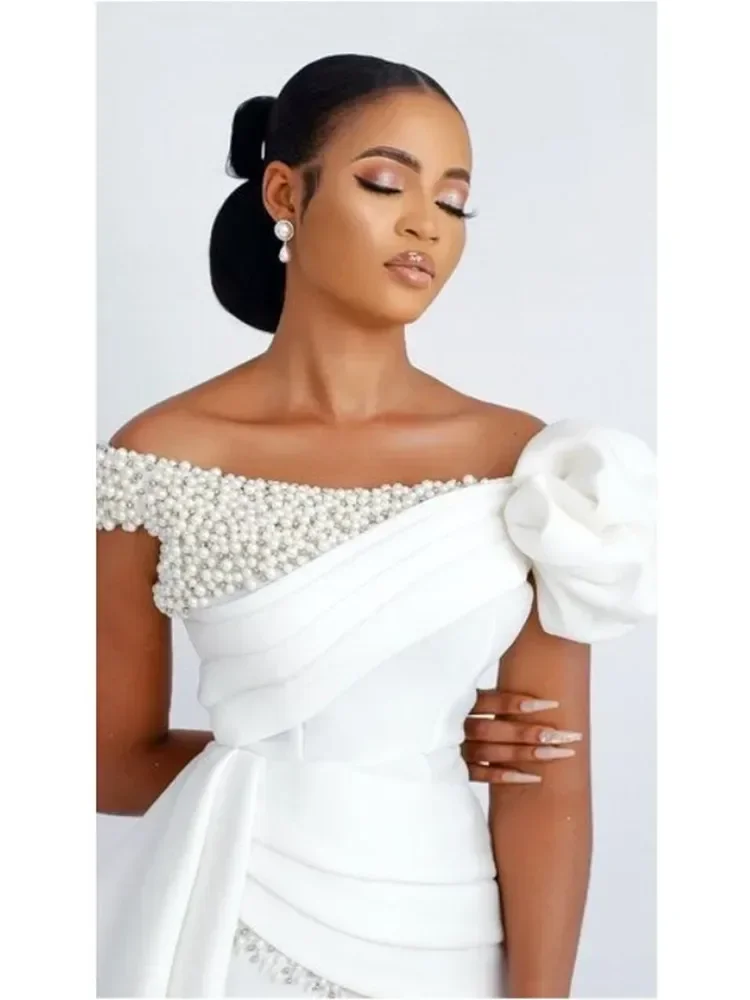 맞춤형 고품질 헤비 펄 비즈 웨딩 드레스 베스티도 노이바 숏 루치드 새틴 쉬스 브라이덜 가운