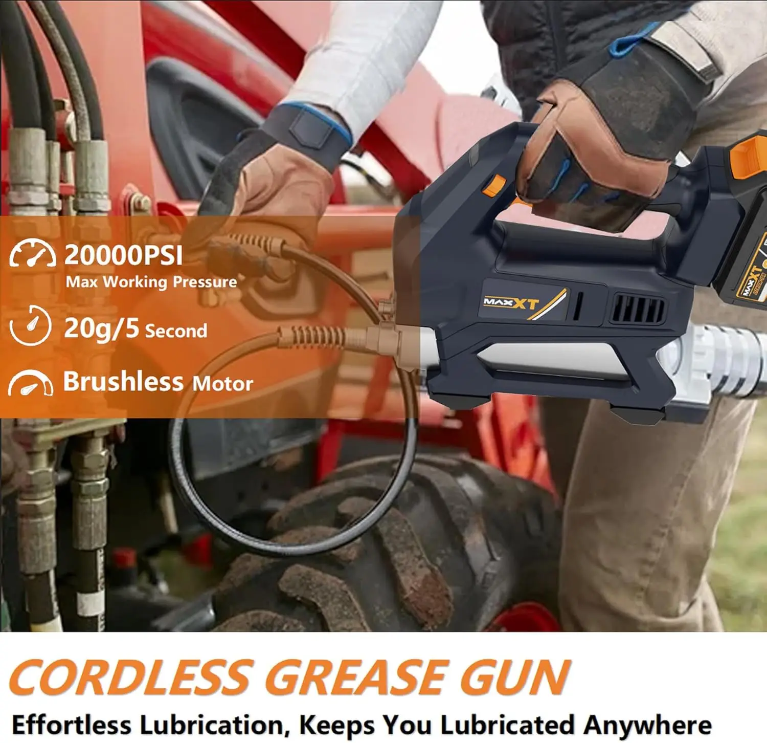 Equipment Grease Gun Cordless, Max 20000 PSI 20V Grease Gun Battery Powered with 4.0Ah Battery and Quick Charger, 40” Long Hose