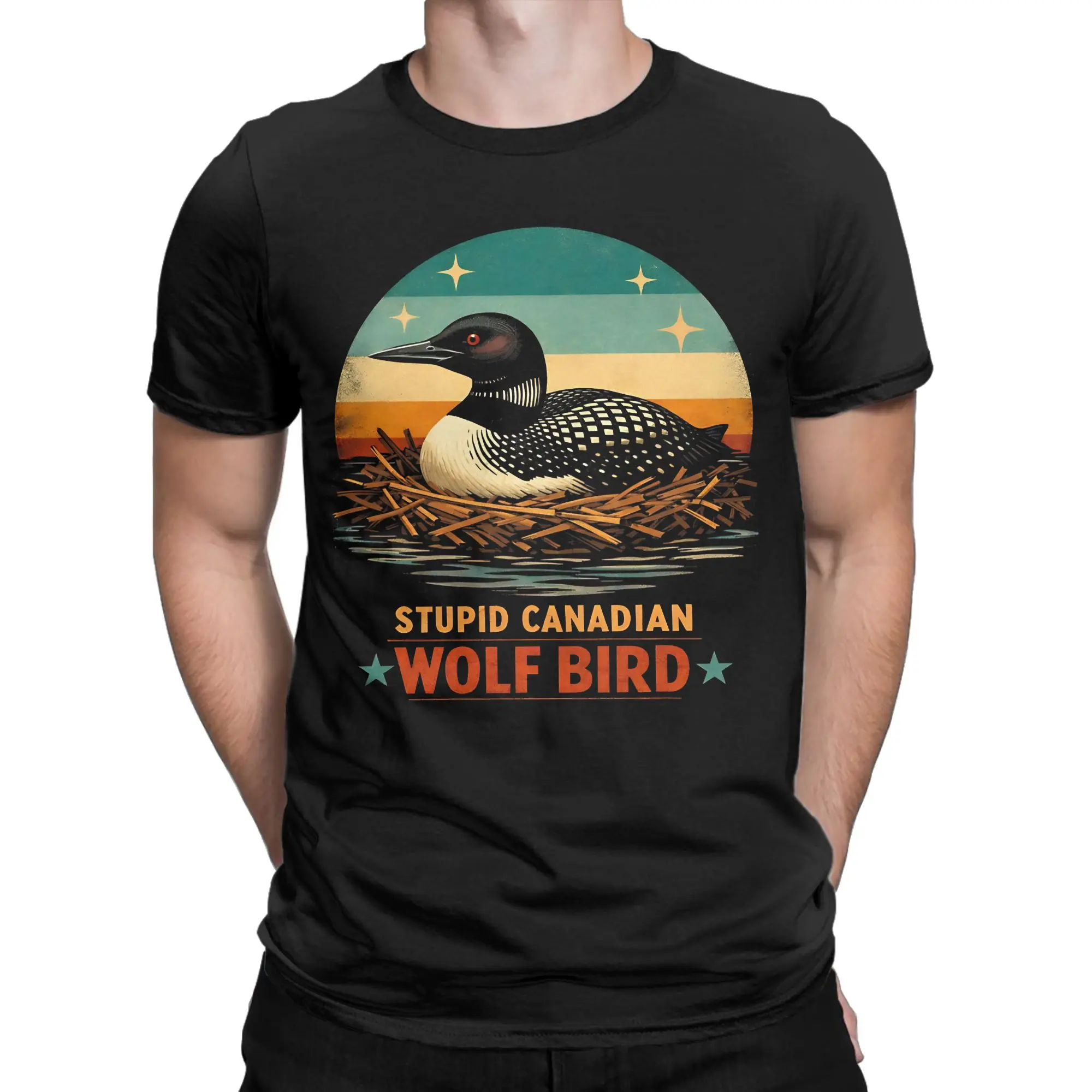 Men T-Shirts Stupid Canadian Wolf Bird Vintage Loon Humor Cotton Tee Shirt Short Sleeve T Shirts Round Neck Clothing Plus Size