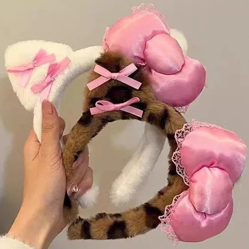 1/2Pcs Bowknot Cat Ear Hair Band Women Big Bowknot Cute Kitty Anime Cat Ear Leopard Anti-skid Hair Bundle Make-up Plush Headband