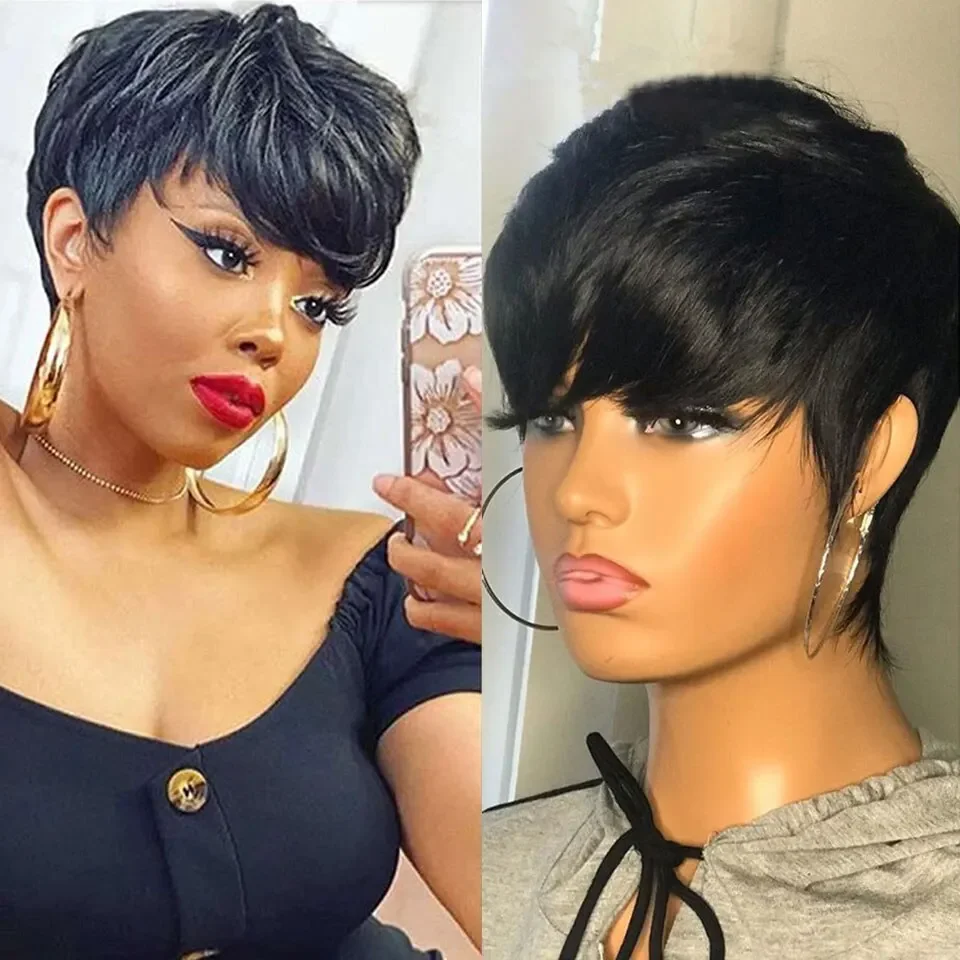 Brazilian Human Hair Straight Pixie Bob Short Wig with Bangs Remy Hair Full Machine Made for Black Women Affordable Wear To Go