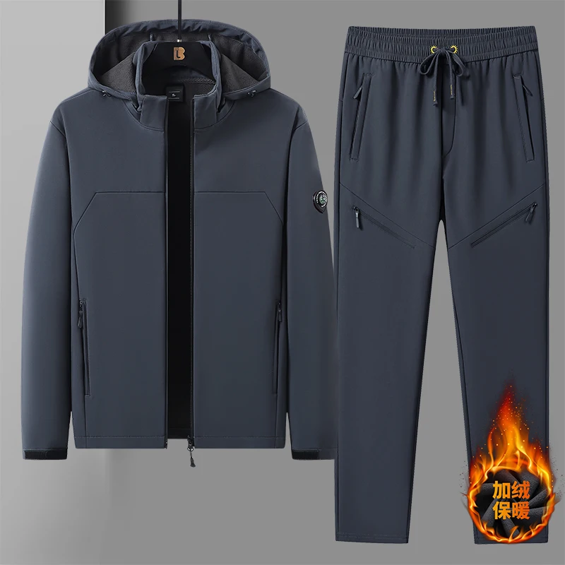 

Men's Plush Soft Shell 2 PC Sets Outdoor Hiking Jacket Plus Fleece Men's Hooded Waterproof Windbreaker Versatile Trendy Set