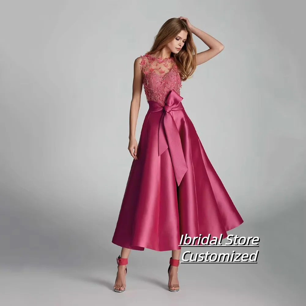 

Customized Classic Prom Dresses Mid Calf Length Lace Wedding Party Gowns Sleeveless Back Out Evening Dress Short Bow Belt