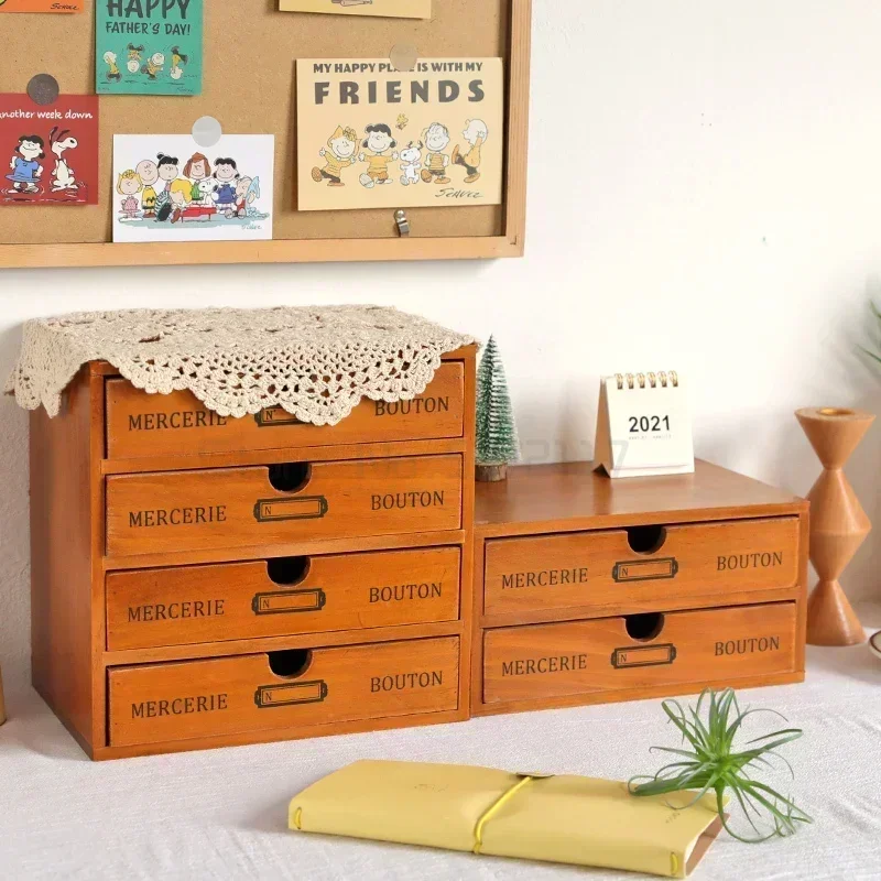 

Desktop Wooden Box with Drawer Vintage Countertop Chest Of Drawers Jewelry Cosmetics Organizer Home Decoration Accessories