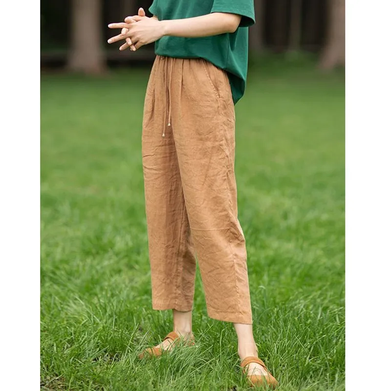 

New 2023 Summer Arts Style Women Elastic Waist Loose Calf-length Pants All-matched Casual Solid cotton linen Harem Pants P273