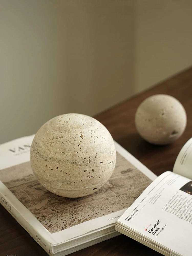 

Minimalism Marble Stone Ball Decor for Table and Shelf Vintage Travertine Sphere Sculpture for Home Decoration