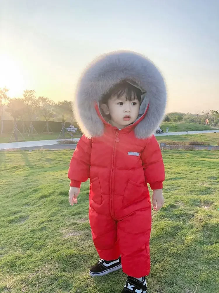 Real Fox Fur Collar Hooded Infant Kids Rompers Winter Duck Down Filling Thick Warm Baby Girls Boys Jumpsuit Children Snowsuit