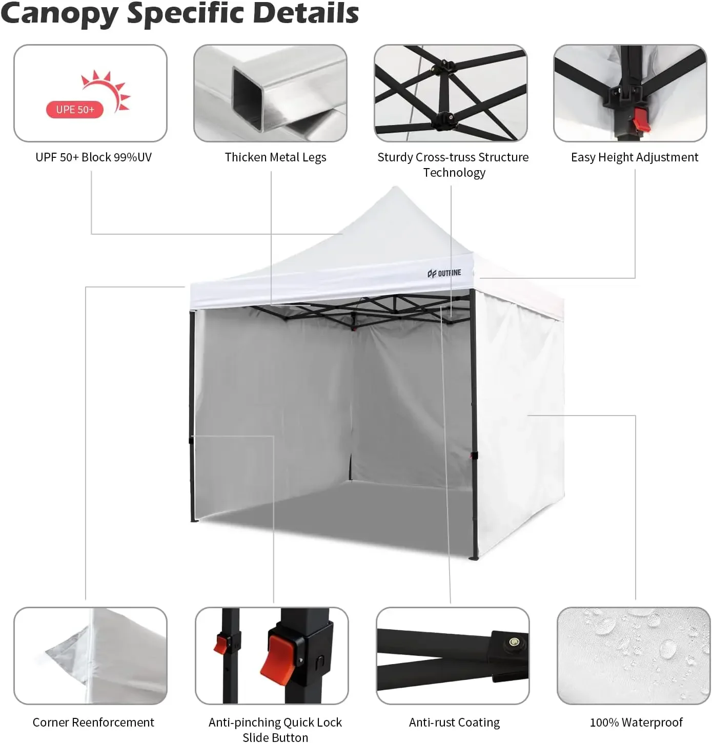 OUTFINE Heavy Duty Canopy 10x10 Pop Up Commercial Canopy Tent with 3 Side Walls Instant Shade, Bonus Upgrade Roller Bag, 4 Weigh