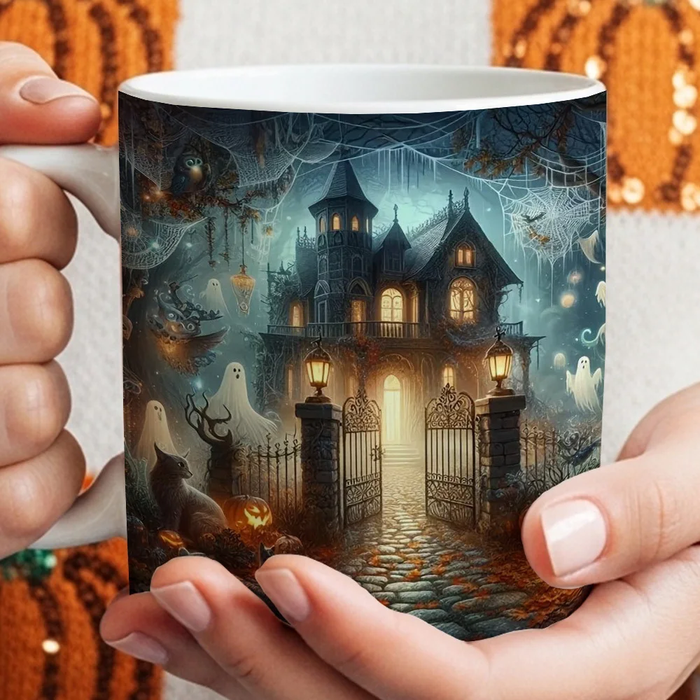1pc Spooky Vintage Coffee Mug with Haunted Castle & Pumpkin Print - Suitable for Halloween Party Decor, Gift Suitable for Friends, Family, Colleagues, Rim for Hot/ Beverages, Haunted Castle for Use