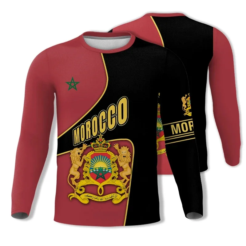3D Morocco National Emblem Flag Graphic T Shirt for Men Clothing y2k Tops Fashion Long Sleeved T-shirt Casual Gym Fitness Jersey
