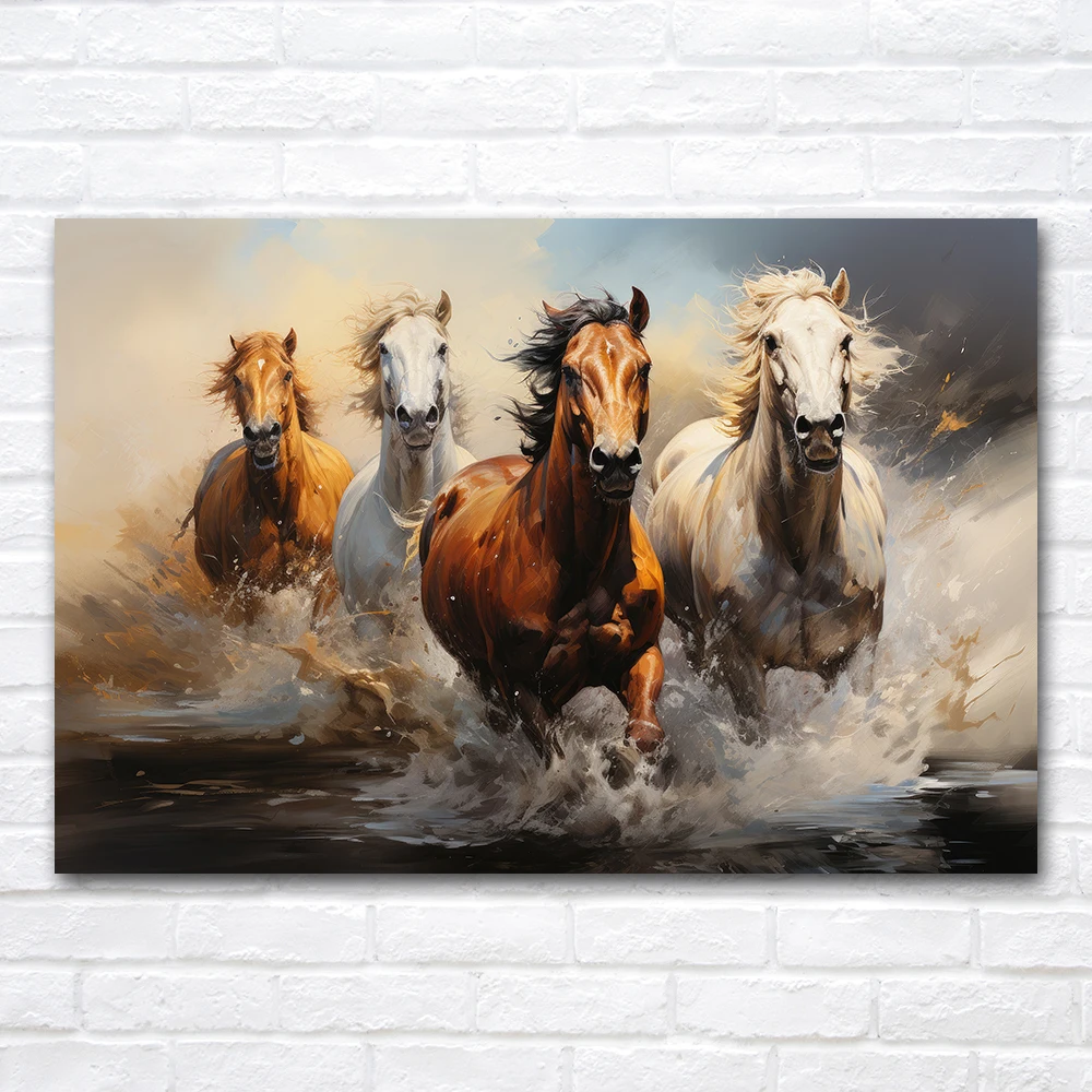 Pintura en Lienzo de 4 Caballos Corriendo, Póster de Animales Geniales, Impresiones de Arte para Pared, Decoración del Hogar, Ilustración
