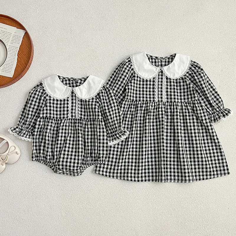 2024 New Princess Baby Girls Rompers Plaid Baby Girls Long Sleeves Romper Children Girls Dress Sister Spring Autumn Clothes