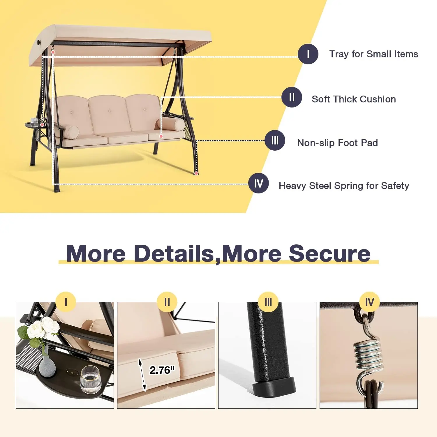 3 Person Patio Swing with Adjustable Canopy & Stand, Outdoor Garden Porch Bench, Steel Frame, Customized
