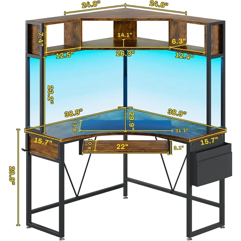 LED Lights, Triangle Corner Computer Desk with Keyboard Tray