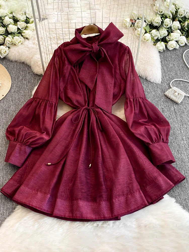 Burgundy/Blue/Black/White Vintage Women Mini Dress Elegant Bow Collar Lantern Long Sleeve High Waist A-Line Casual Vestidos New