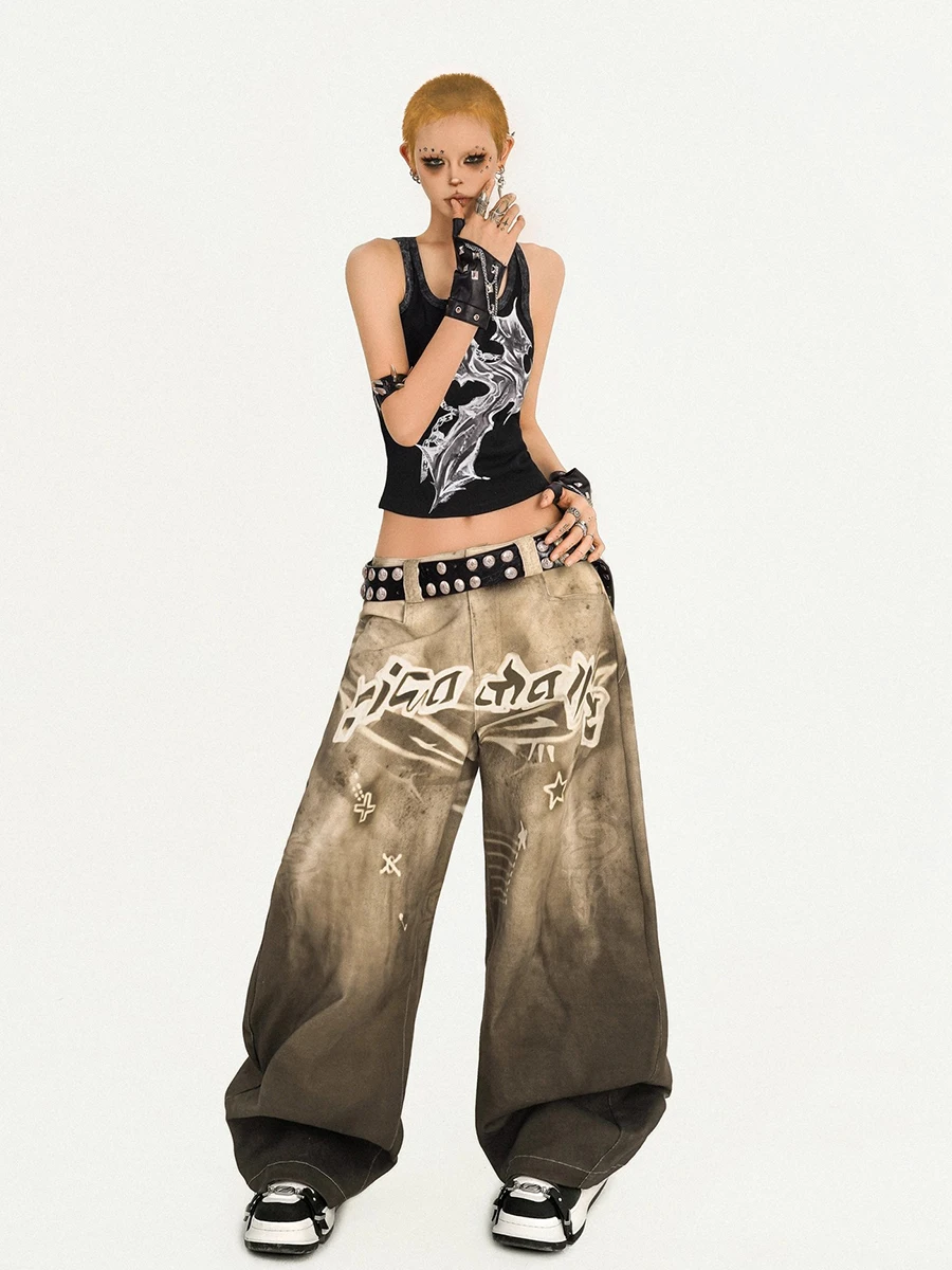 REDDACHiC Y2k Stampa Star Baggy Jeans Donna Distressed Tasche sfumate Gamba larga Vita bassa Pantaloni a botte Abiti estetici di moda